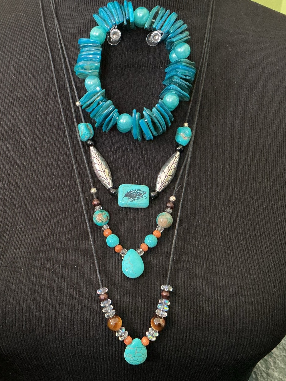 4 Piece Set Turquoise Beaded Necklace Set - Women Jewelry